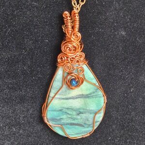 Handmade Copper Wire Wrapped Teardrop Pendant Necklace Green Banded Stone 26 In